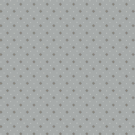 Gray fabric with a balanced grid of white dots and groups of black dots.