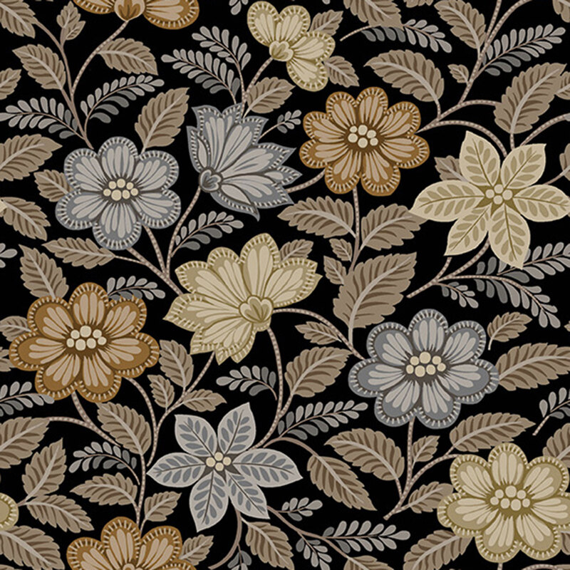 Black fabric with a neutral floral and vine print.
