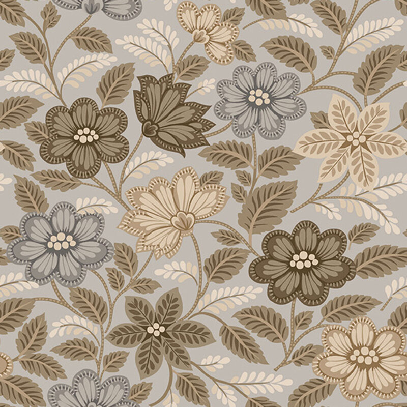 Fog gray fabric with a neutral floral and vine print.