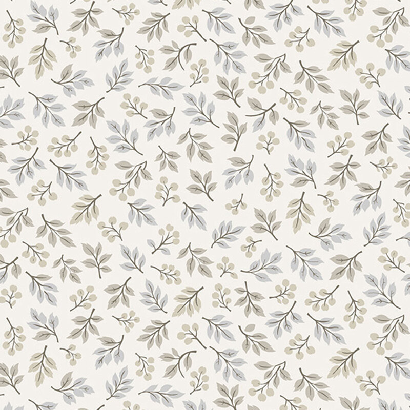 Smoke gray fabric with a tossed leafy sprig pattern.