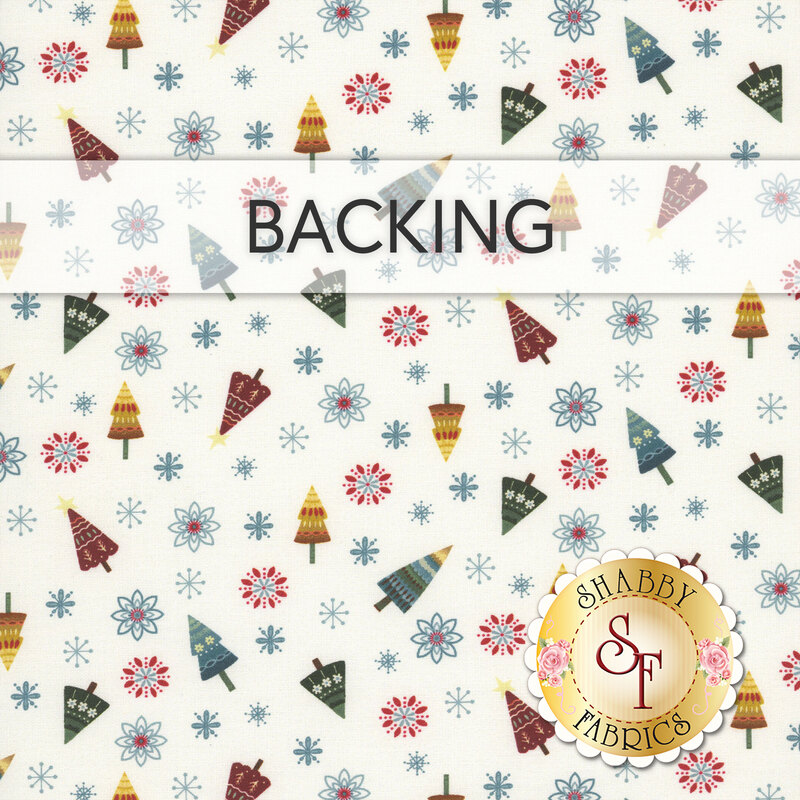 Off white swatch of fabric with tossed yellow, green, and teal Christmas trees, snowflakes, and flourishes; a transparent banner at the top reads "Backing." 
