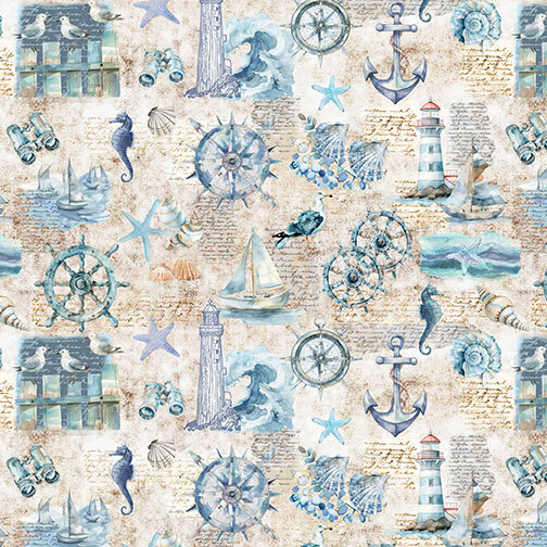 A cream fabric with a nautical collage of lighthouses, sailboats, anchors, ship wheels, seashells, seahorses, and handwritten script.