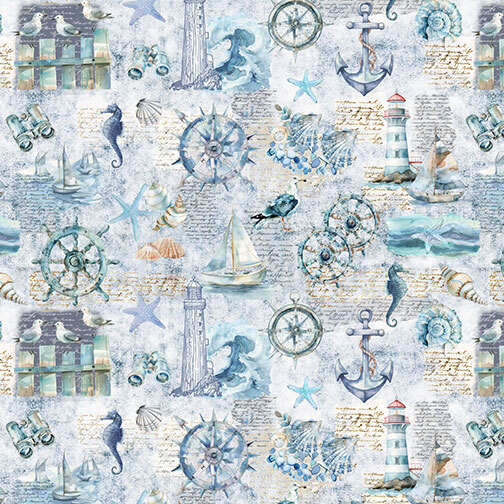A light blue fabric with a nautical collage of lighthouses, sailboats, anchors, ship wheels, seashells, seahorses, and handwritten script.