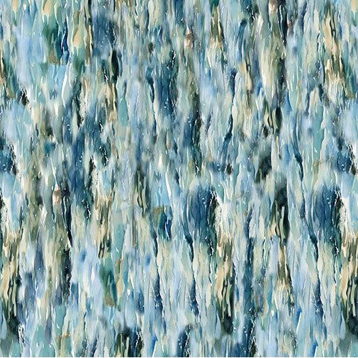 A blue fabric with irregular flowing streaks of teal, cream, and deep navy in a layered painterly texture.