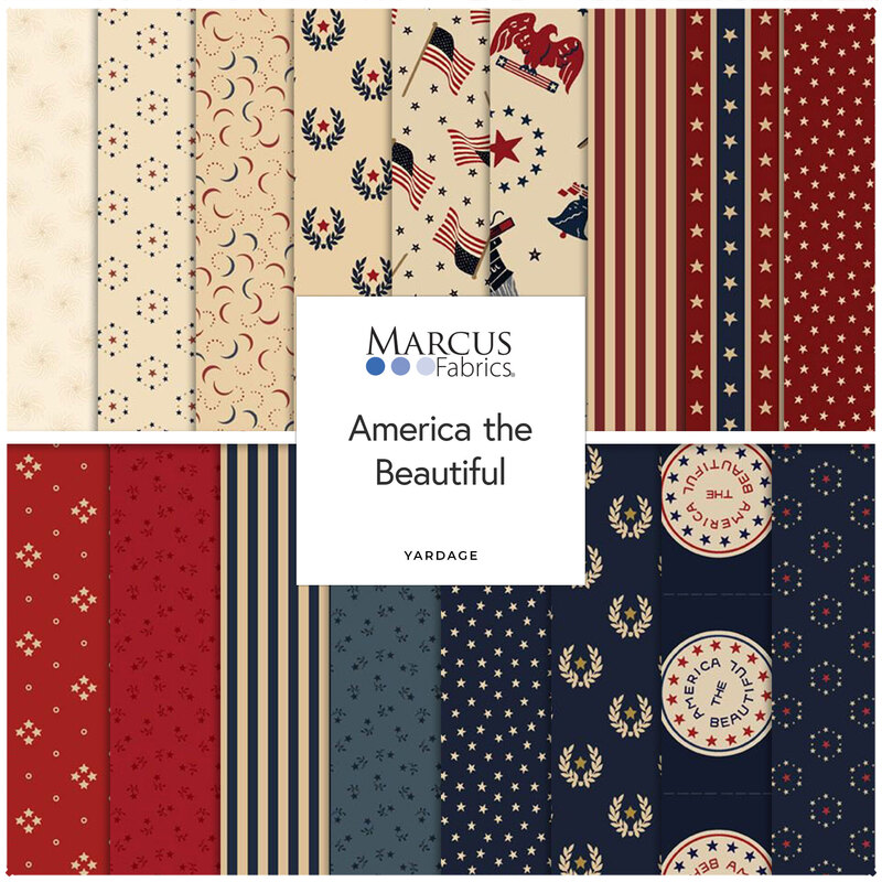 Digital collage of the available Patriotic yardage fabrics from the America the Beautiful fabric collection.