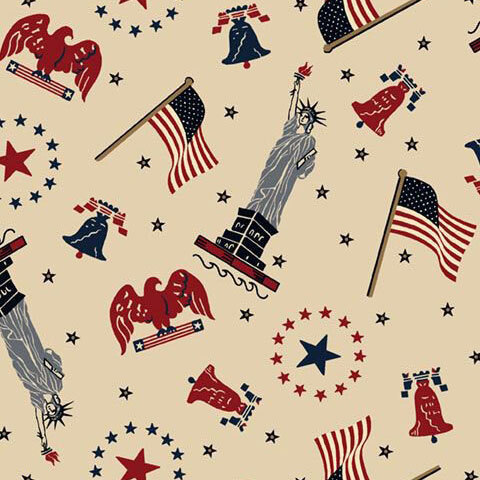 Beige fabric with a tossed pattern full of American motifs like liberty bells, stars, American flags, and Statues of Liberty.
