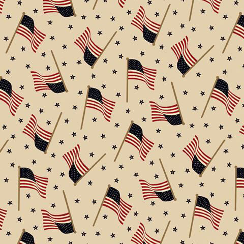 Beige fabric with a tossed pattern of American flags and small navy stars.