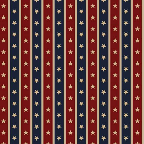 Multicolor fabric with a balanced design of red and blue stripes filled with cream stars separated by cream pinstripes.