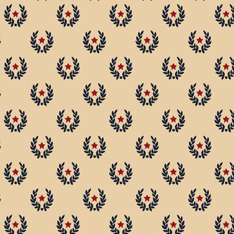 Beige fabric with a scattered design of navy blue laurel wreaths surrounding red stars.