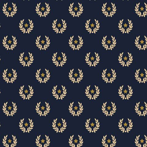 Navy fabric with a scattered design of cream laurel wreaths surrounding gold stars.