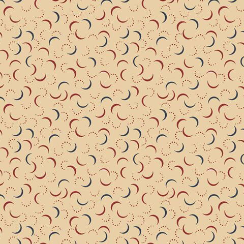 Beige fabric with a tossed design of blue and red crescent moons and dots.