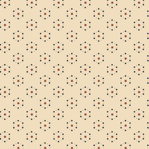 Light tan fabric with a balanced spread of red stars surrounded by smaller blue stars.