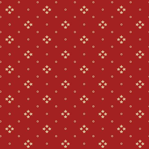 Patriotic red fabric with a balanced scatter of small cream circles and groups of stars.
