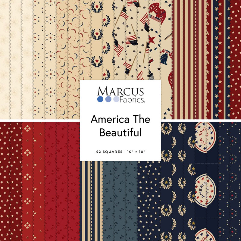 Digital collage of the 10" Square Bundle from the America the Beautiful fabric collection.