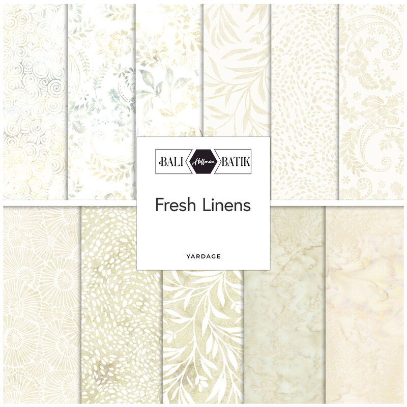 A collage of fabrics featured in the Bali Batiks - Fresh Linens Collection by Hoffman Fabrics