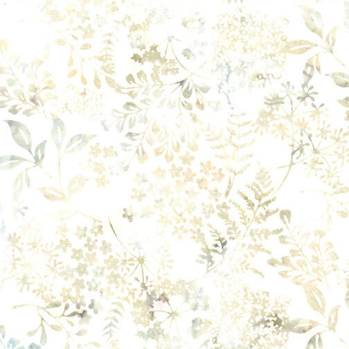 A white fabric with soft green, gray, and pale gold botanical sprigs, delicate flowers, and fern-like leaves.