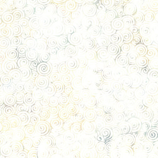 A white fabric with overlapping spiral curls in soft gray, pale gold, and light aqua.
