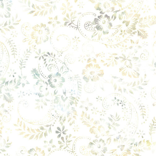 A white fabric with soft green, gray, and pale gold florals, leafy sprigs, and swirls.
