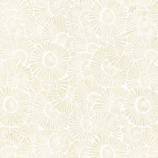 A white fabric with overlapping cream radial fan motifs formed from fine radiating lines.