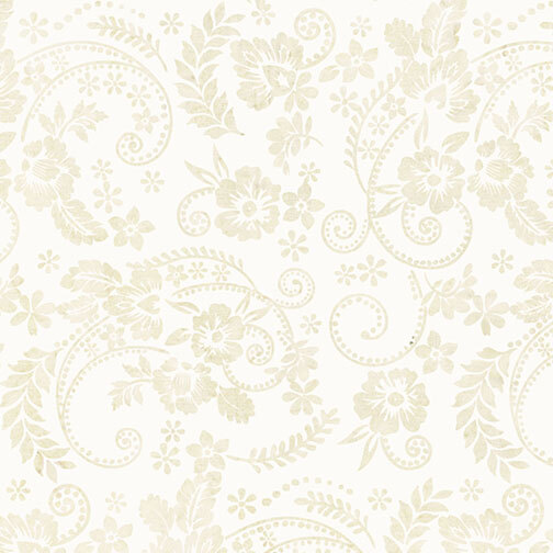 A white fabric with soft beige florals, leafy sprigs, and scrolling vines.