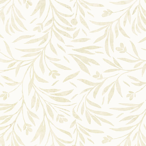 An off-white fabric with soft cream leafy branches and delicate buds.