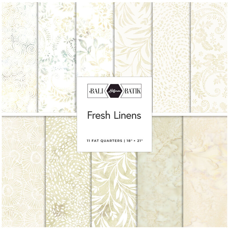 A collage of fabrics featured in the Bali Batiks - Fresh Linens Fat Quarter Bundle by Hoffman Fabrics