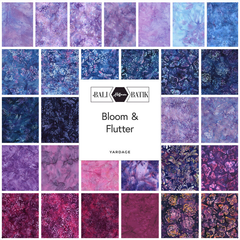 Digital collage of the floral yardage batiks from the Bloom & Flutter fabric collection.