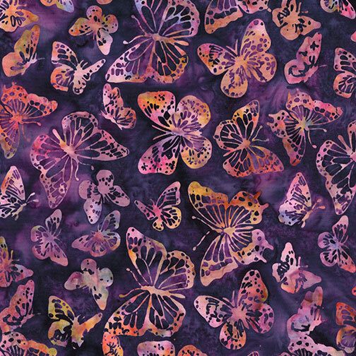 Plum batik with a tossed design of multicolored butterflies.