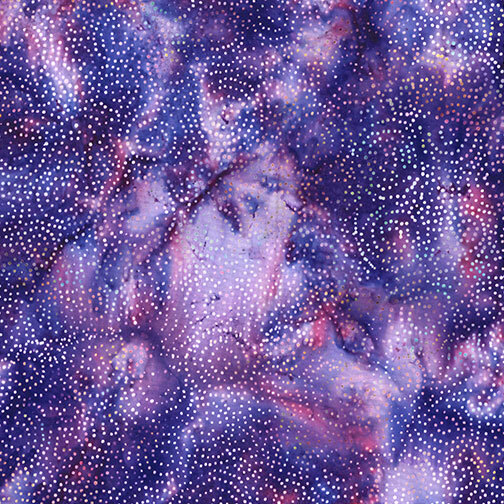 Eggplant and violet batik with a packed pattern of swirling multicolor dots.