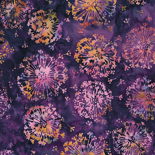 Eggplant purple batik with a scattered design of light blue and warm-toned wispy dandelions.