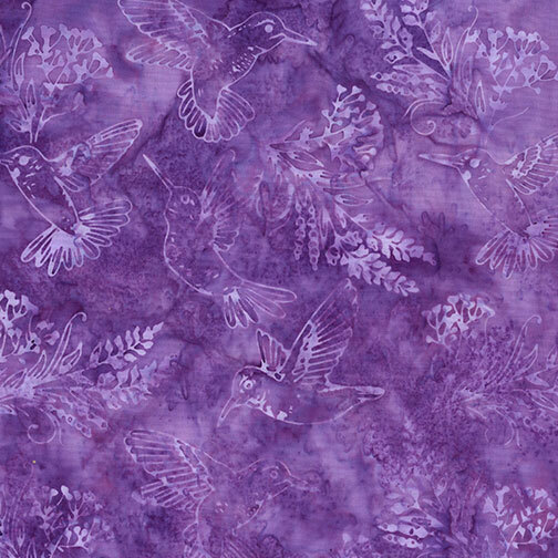 Orchid purple batik with a scattered design of tonal hummingbirds and botanical sprigs.