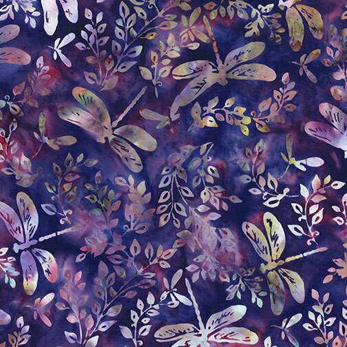 Deep violet and plum batik with a tossed design of multicolored leaves and dragonflies.