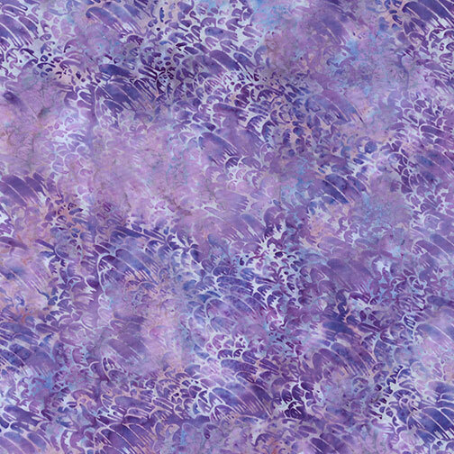 Multi-toned orchid purple and baby blue batik with an abstract design of directional streaks and dots.