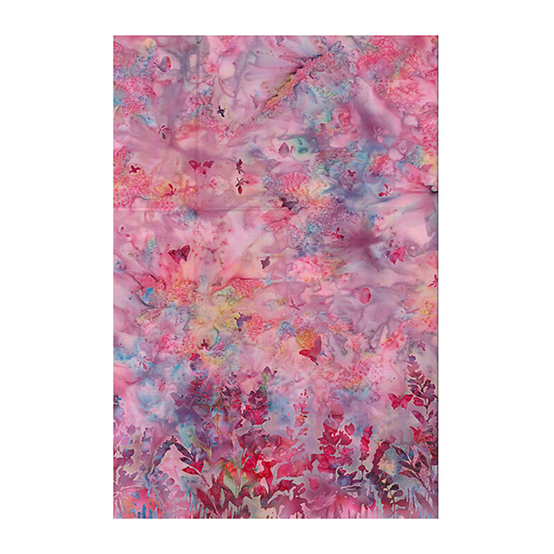 Bubblegum pink and aqua ombre batik with a packed hot pink and aqua botanical print on the bottom with butterflies scattered above.