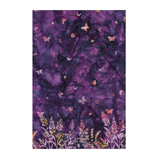 Plum ombre batik with a packed multicolor botanical print on the bottom with butterflies scattered above.
