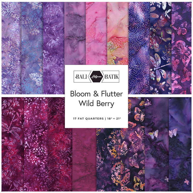 Digital collage of the Wild Berry Fat Quarter Bundle from the Bloom & Flutter fabric collection.