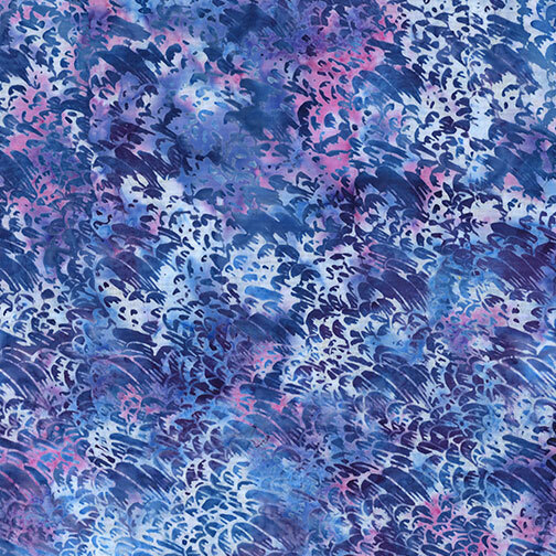 Multi-toned blue and purple batik with an abstract design of directional streaks and dots.