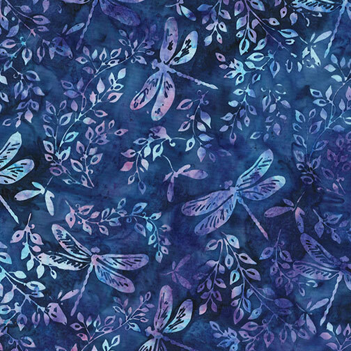 Deep blue batik with a tossed design of soft violet and light blue leaves and dragonflies.