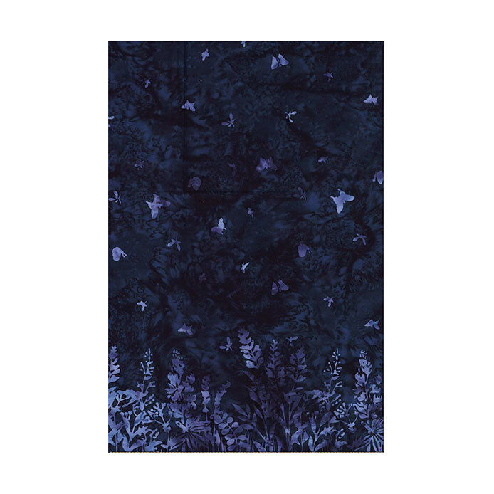 Midnight blue ombre batik with a packed pale violet botanical print on the bottom with butterflies scattered above.