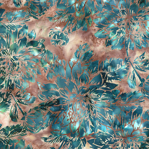 tropical florals and leafy foliage in rich shades of teal and turquoise against a softly mottled background of warm taupe and mauve.