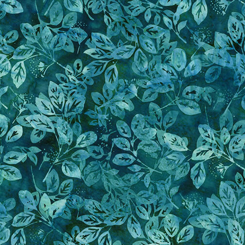 batik fabric features delicate leafy branches and botanical motifs in shades of aqua, turquoise, and jade against a mottled dark lagoon background.