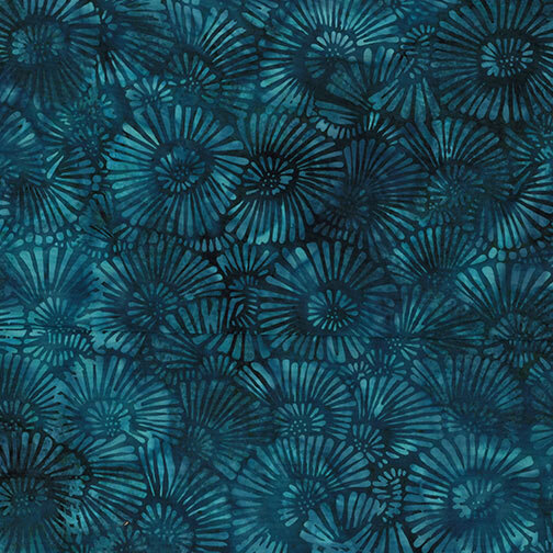 overlapping, floral bursts in shades of turquoise and teal against a richly mottled background.
