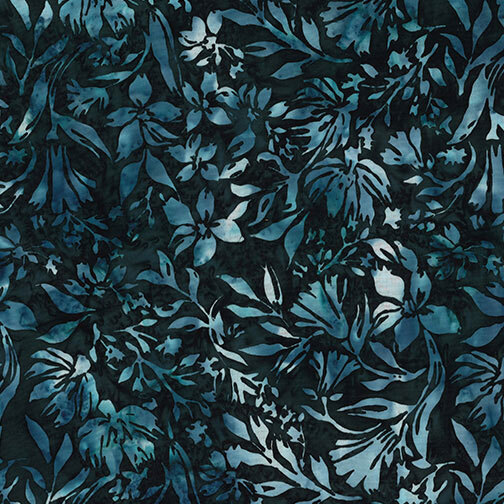 Batik fabric featuring an intricate arrangement of leafy vines and tropical florals in shades of muted teal, slate blue, and soft aqua against a deep black background.