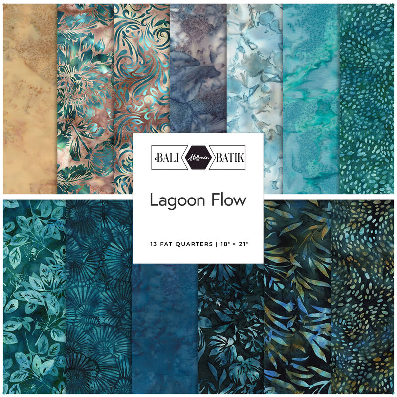 Square collage of marbled & batik fabrics from the Lagoon Flow Fat Quarter Bundle.