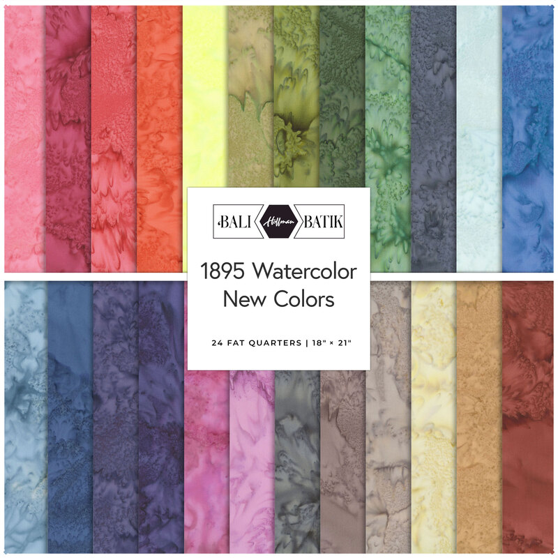 Rainbow collage of the fabrics featured in the 1895 Watercolor Fat Quarter Bundle 24 New Colors Fat Quarter Bundle.