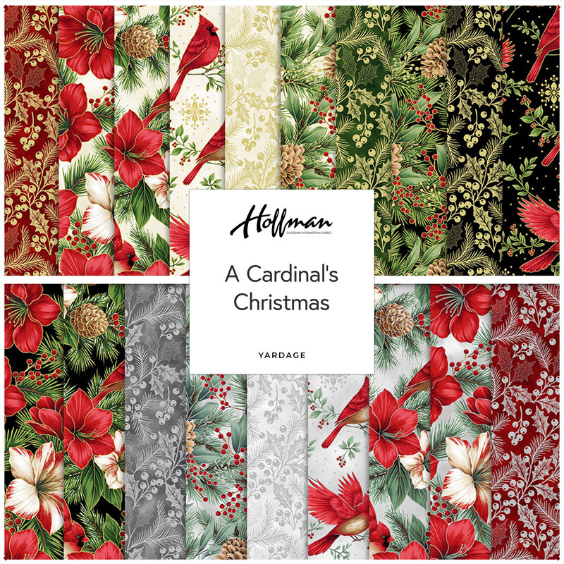 Collage of the metallic Christmas fabrics featured throughout the A Cardinal's Christmas collection by Hoffman Fabrics.