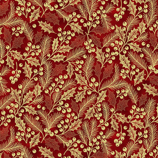 Red fabric with gold metallic pine branches and holly sprigs and berries.