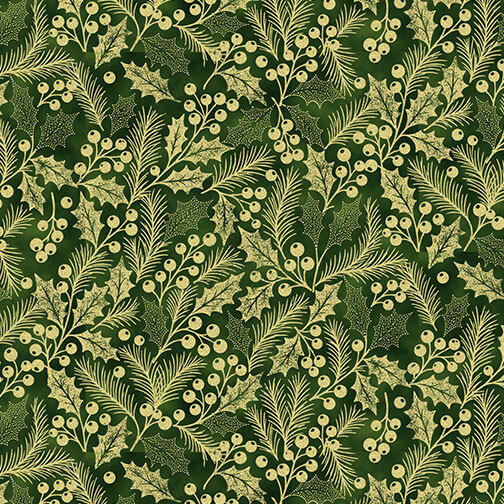 Green fabric with gold metallic pine branches and holly sprigs and berries.