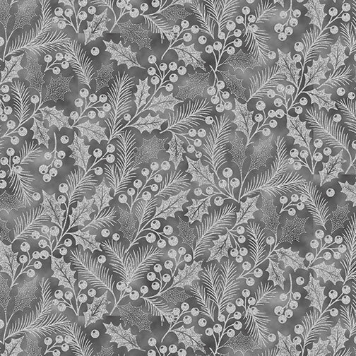 Gray fabric with silver metallic pine branches and holly sprigs and berries.