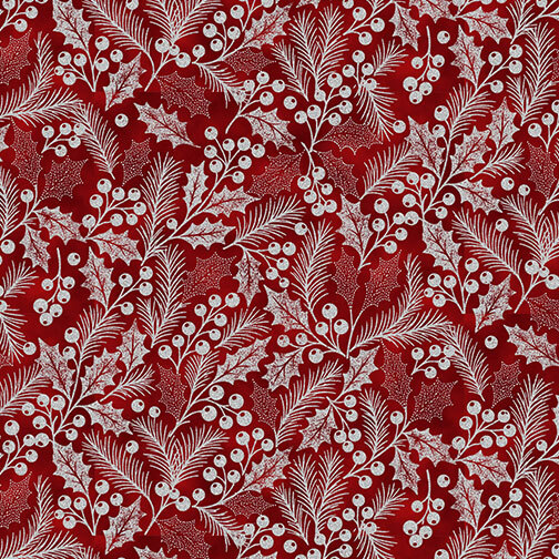 Red fabric with silver metallic pine branches and holly sprigs and berries.